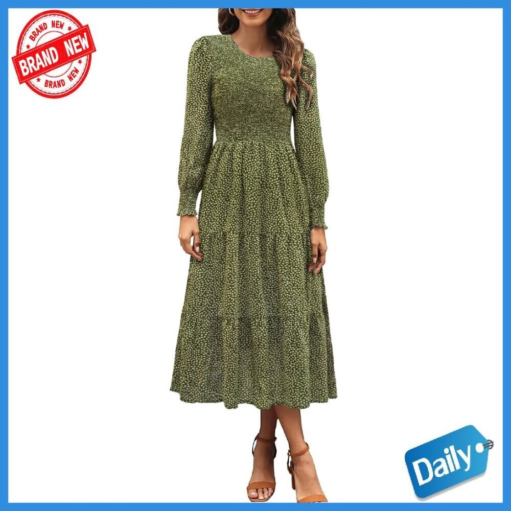 Long Sleeve Smocked Midi Dress with Pockets Flowy Tiered Boho